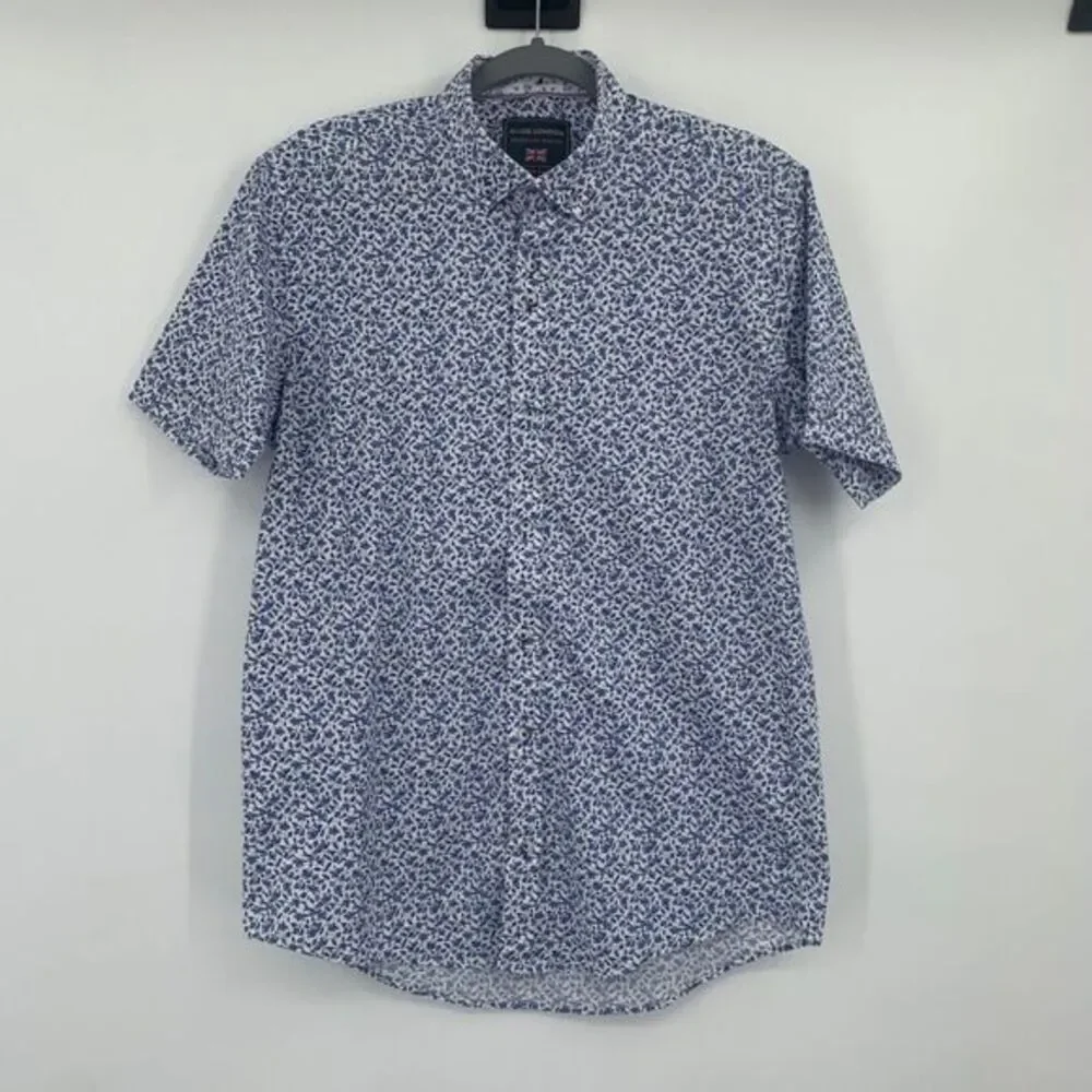Guide London Premium Men's Shirt Short Sleeve White & Blue Floral Print Size Med